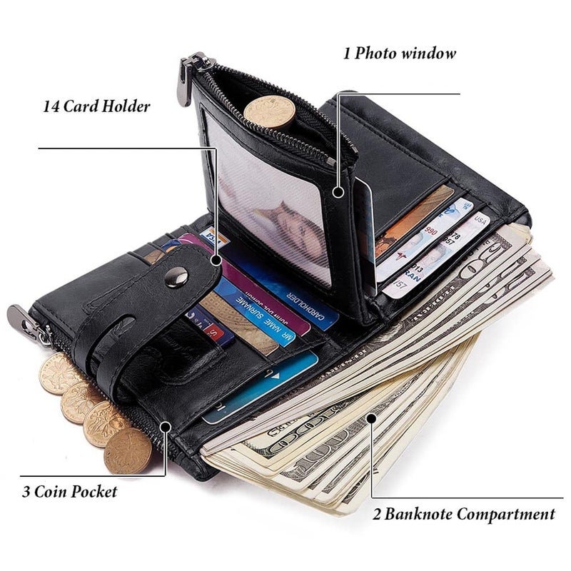 boshiho Real Leather RFID Blocking Bifold Wallets for Men Double Zipper Coin Pocket Purse with Anti-Theft Chain (Black-2) - Image 3